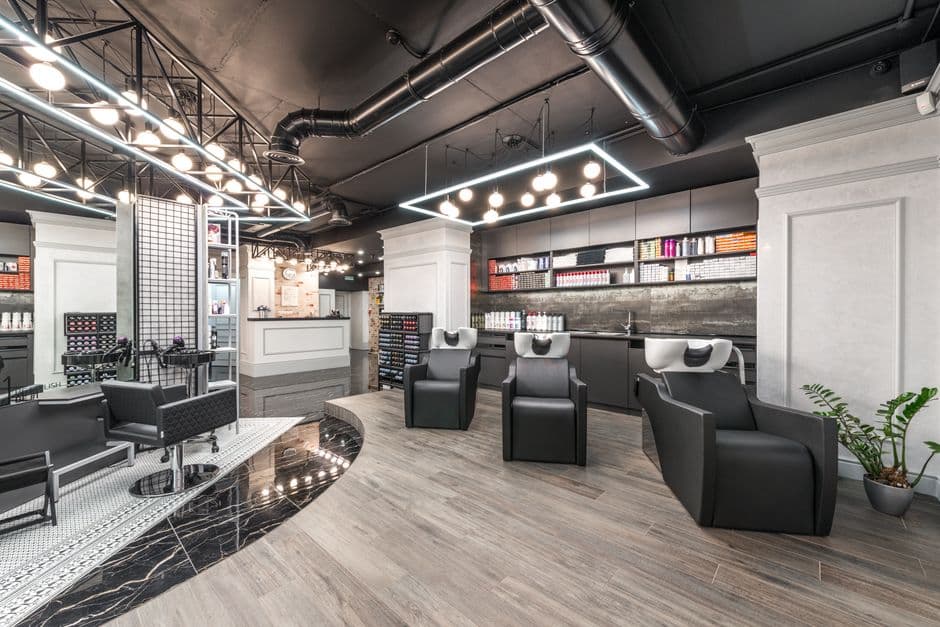 Salon interior with styling stations